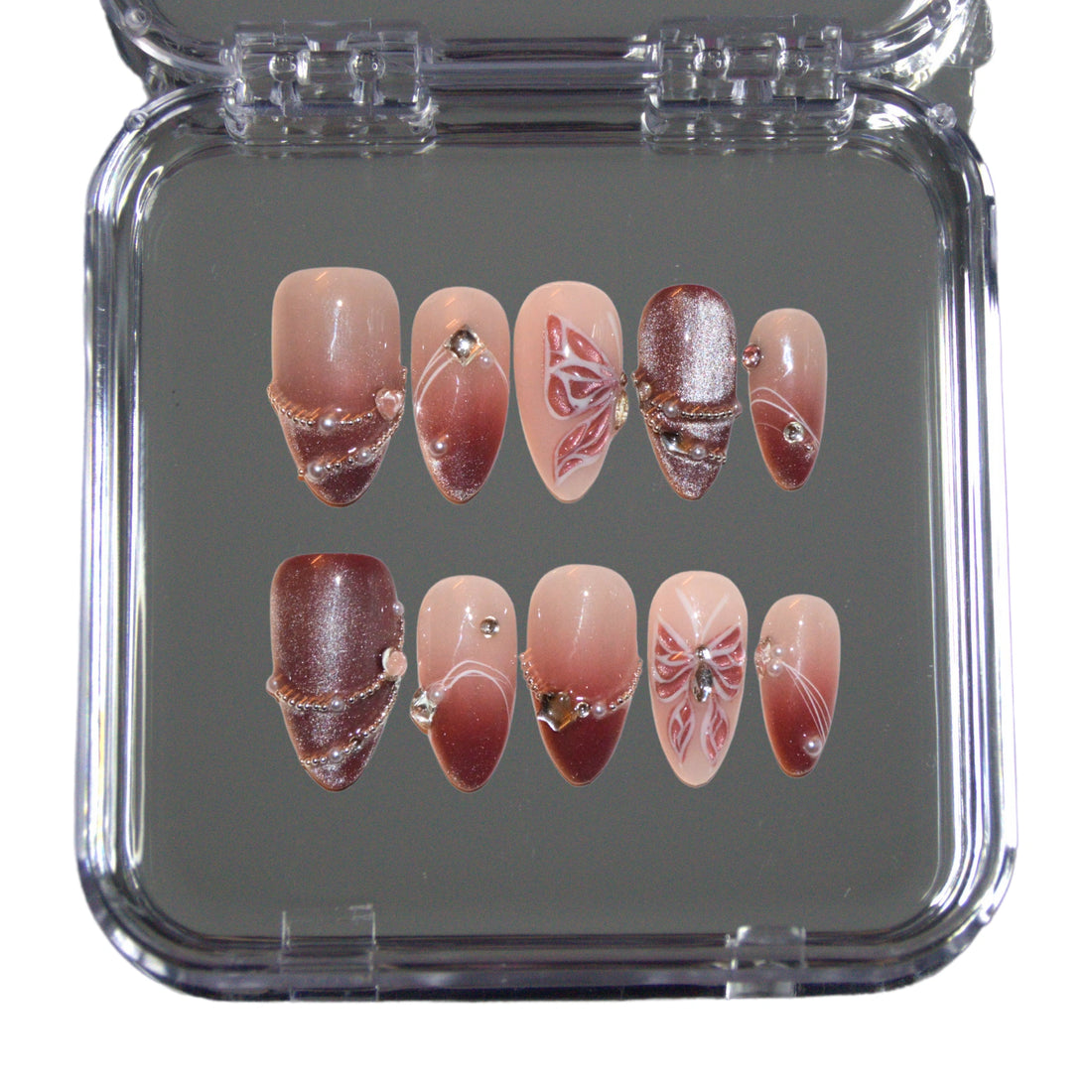 Set complet d’ongles press-on Butterfly faits main en gel et acrylique haut de gamme, design papillon et dégradés rose.