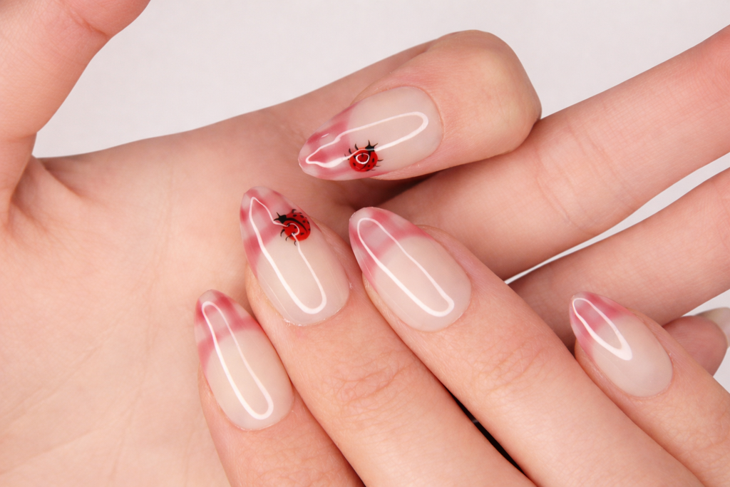 Gros plan sur les détails avec faux ongle press-on coccinelle peinte sur base blanc crème — design Lady Bug fait main — Mimi Press-On