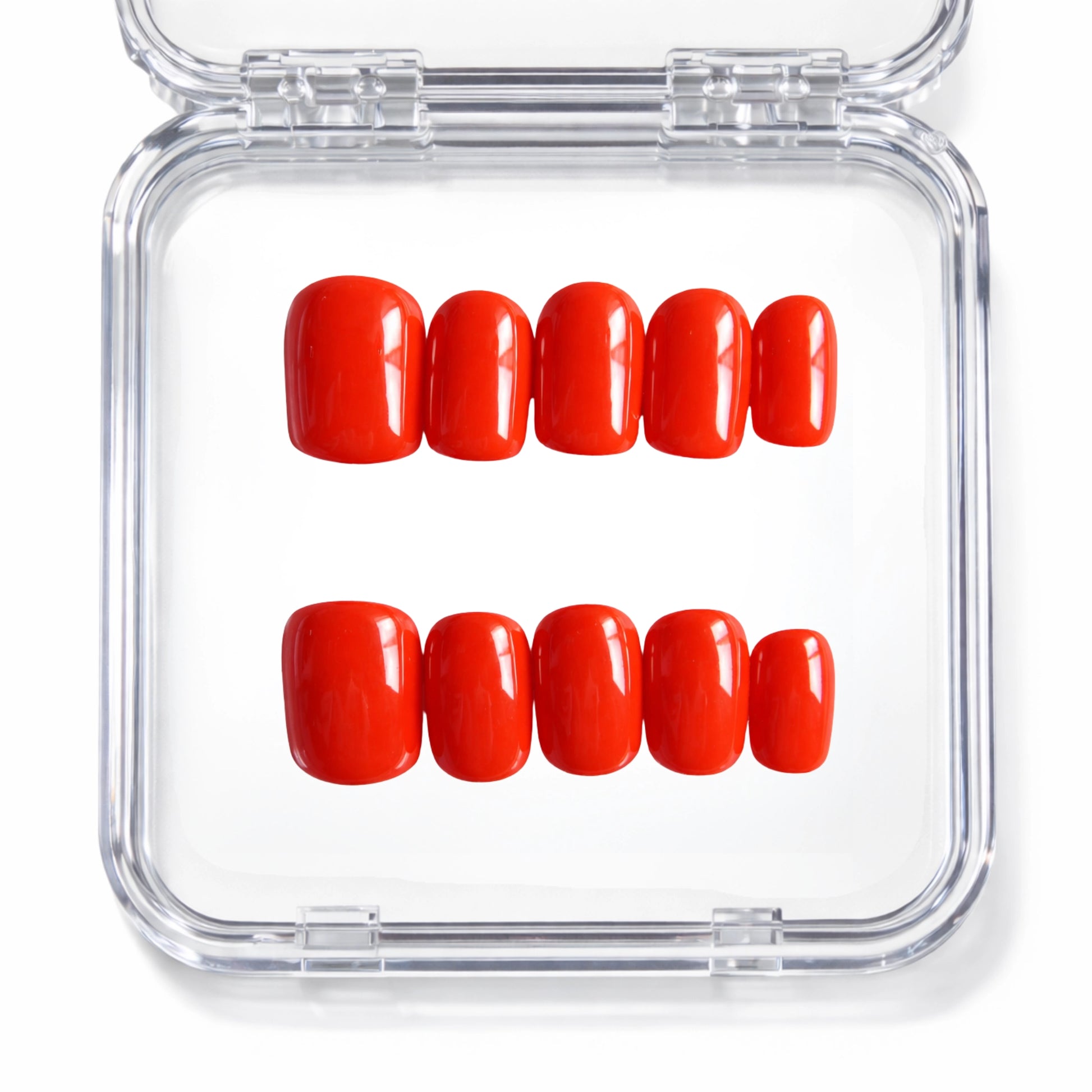 Set de 10 faux ongles press-on Tangerine Glow rouge orangé vif dans leur boîtier — faits main en gel — Mimi Press-On
