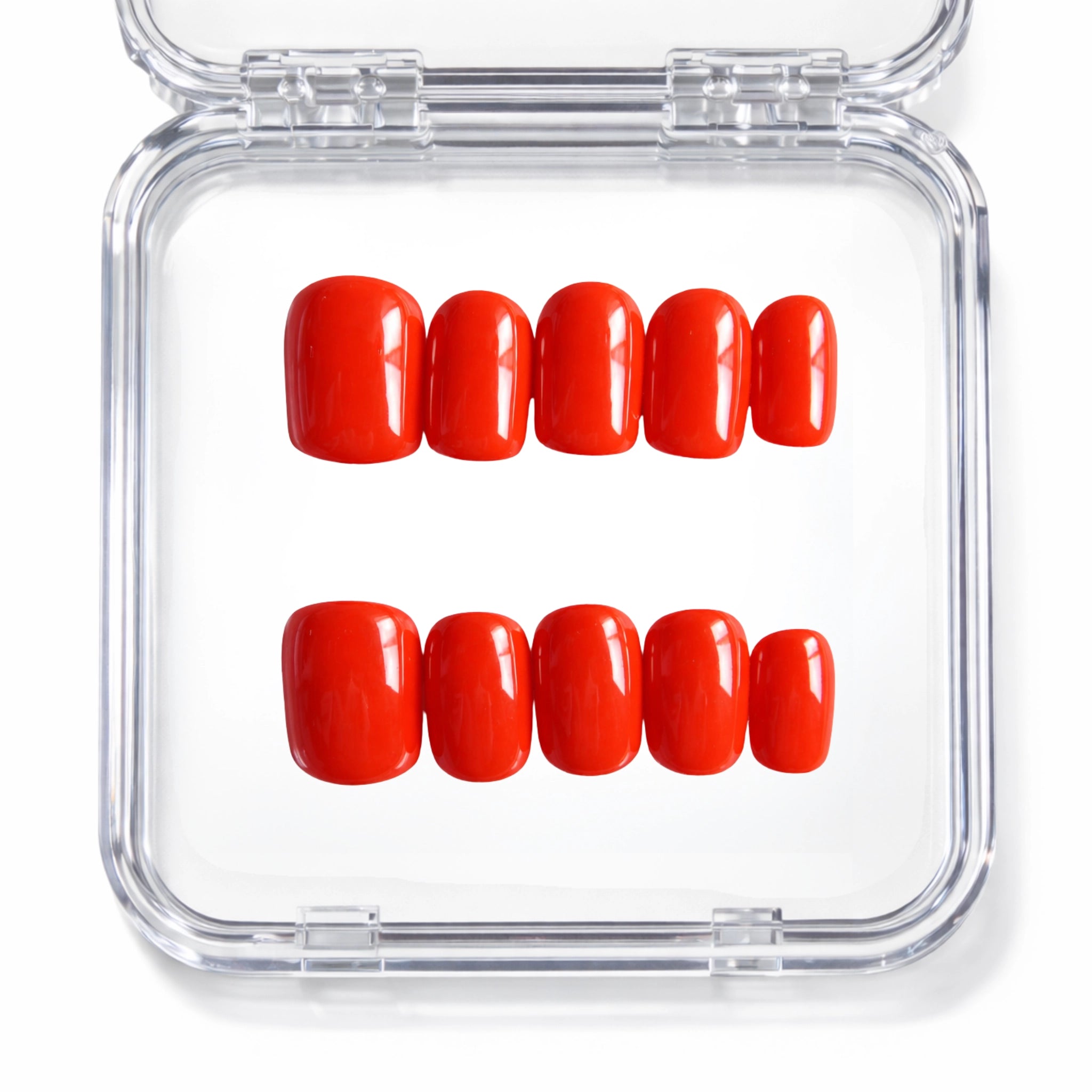 Set de 10 faux ongles press-on Tangerine Glow rouge orangé vif dans leur boîtier — faits main en gel — Mimi Press-On