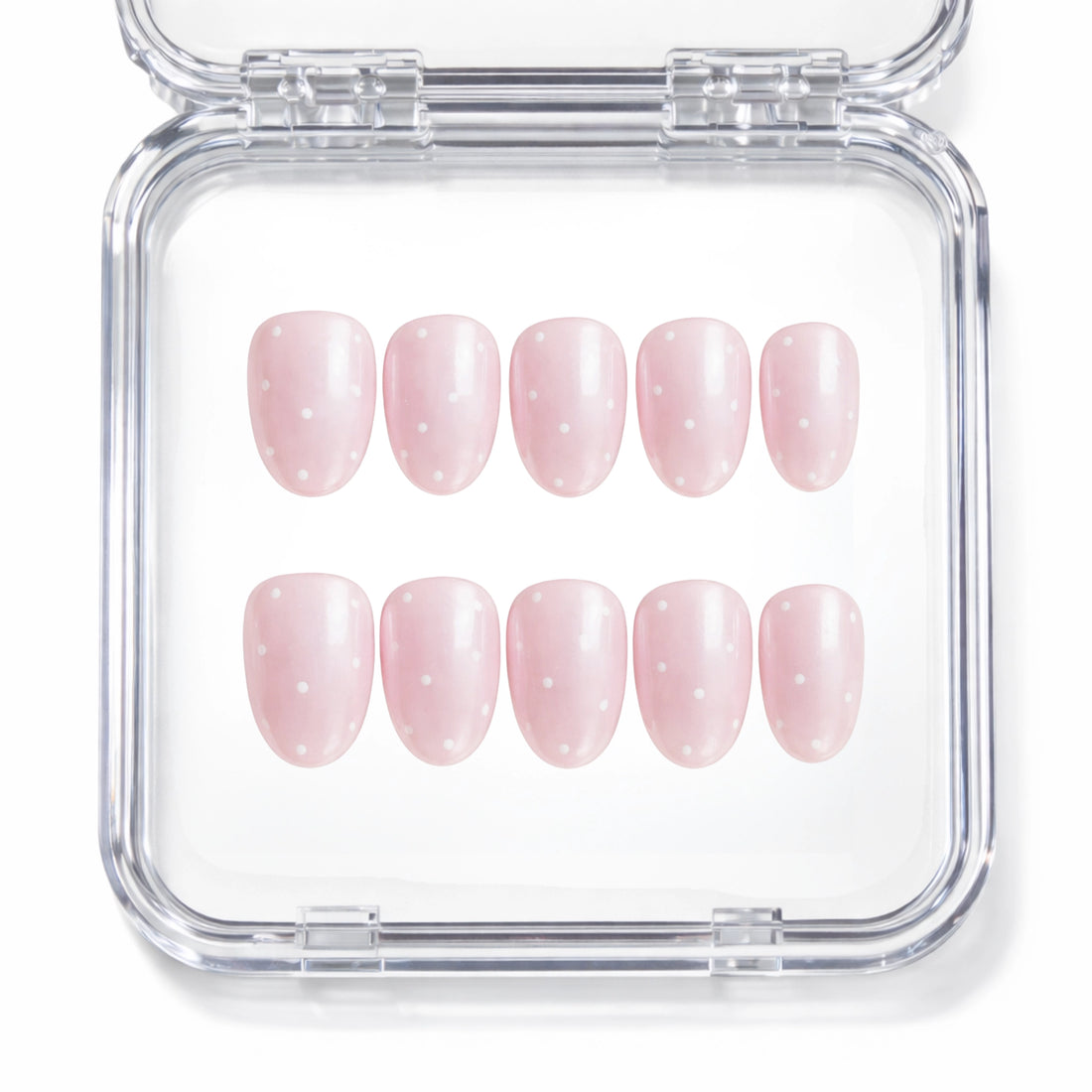 Set de 10 faux ongles press-on Hailey Dots rose poudré à pois blancs dans leur boîtier — faits main en gel — Mimi Press-On