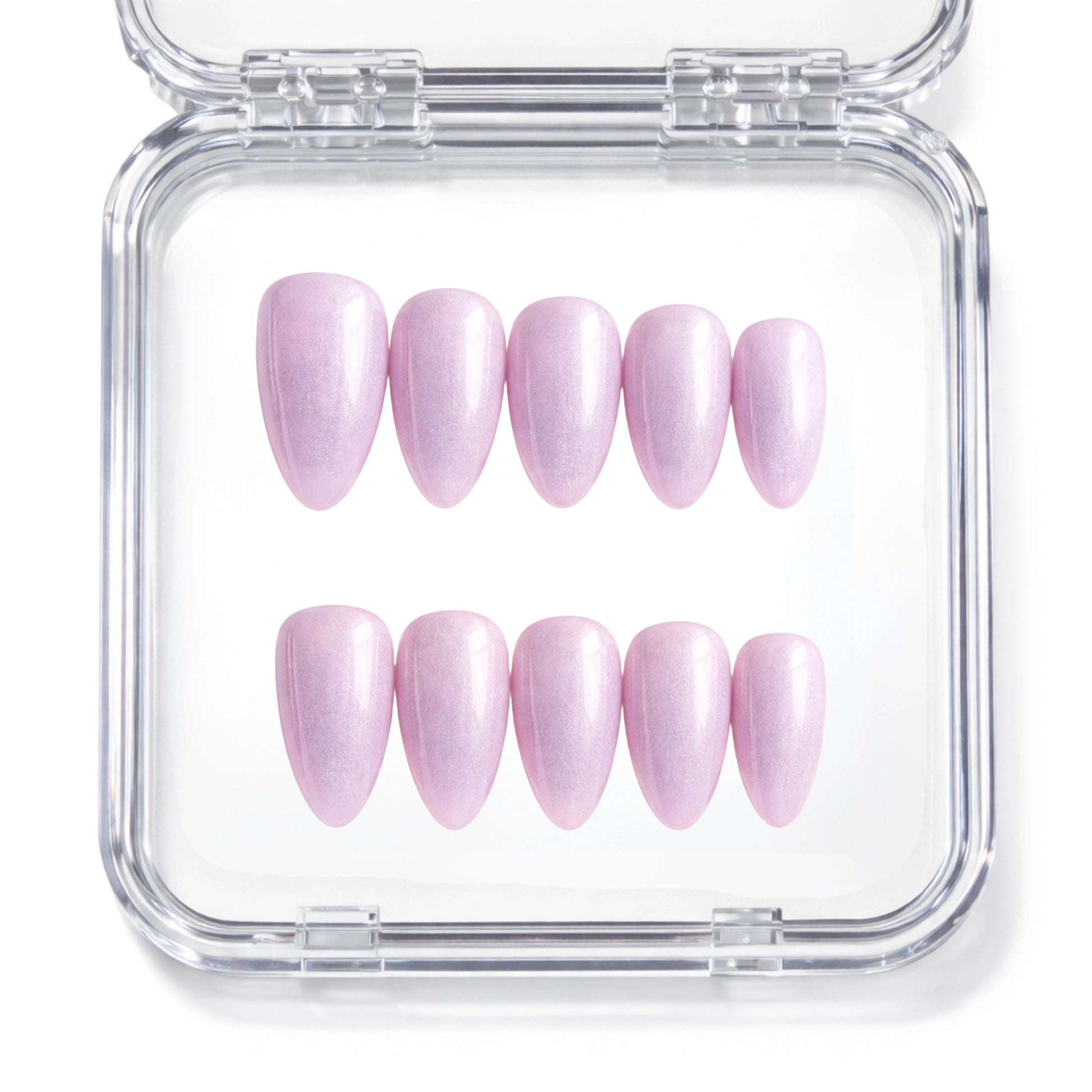 Set de 10 faux ongles press-on Lip Gloss rose lilas nacré irisé dans leur boîtier — faits main en gel — Mimi Press-On