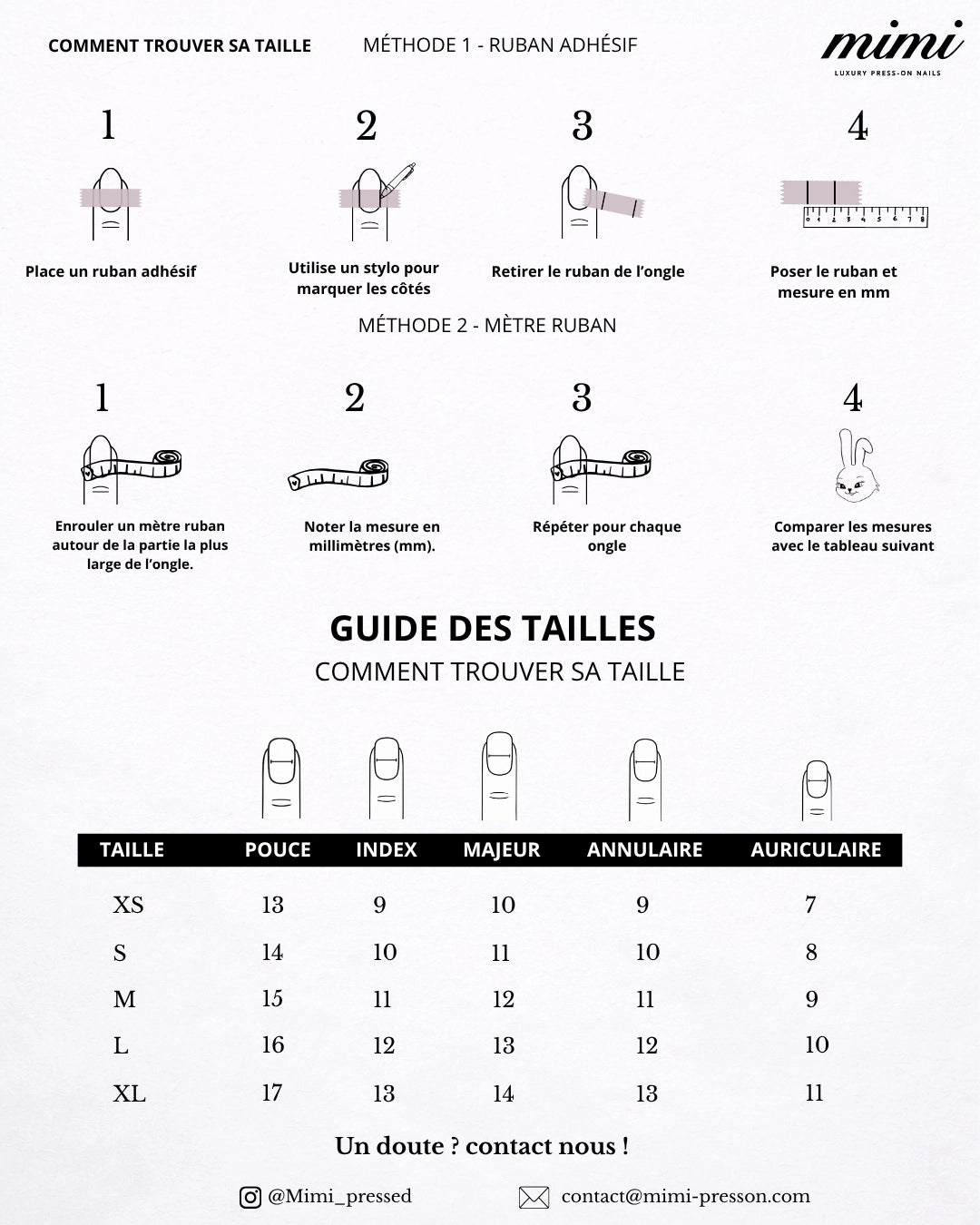 Tableau explicatif pour mesurer ses ongles et trouver sa taille de faux ongles press on nails chez Mimi press-on