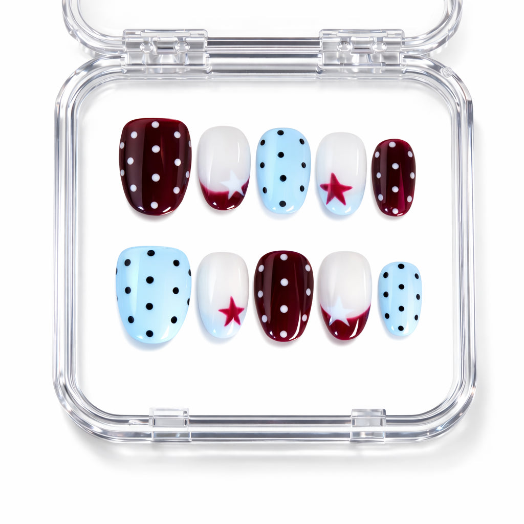 Press on nails nailart bleu et bordeaux polka dots et milky french.