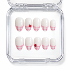 Set de 10 faux ongles press-on Lady Bug french vichy rose avec coccinelles dans leur boîtier — faits main en gel — Mimi Press-On