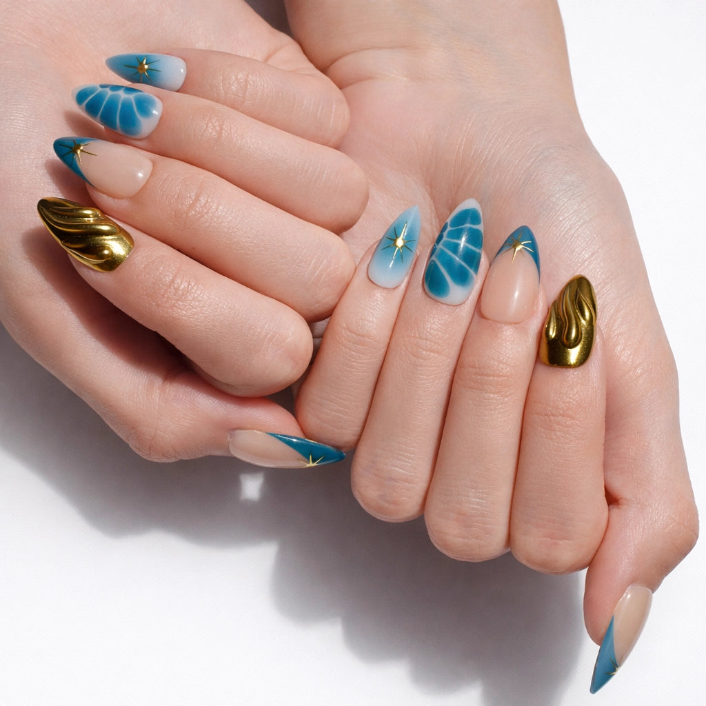 Golden Blue — press-on nails faits main Mimi