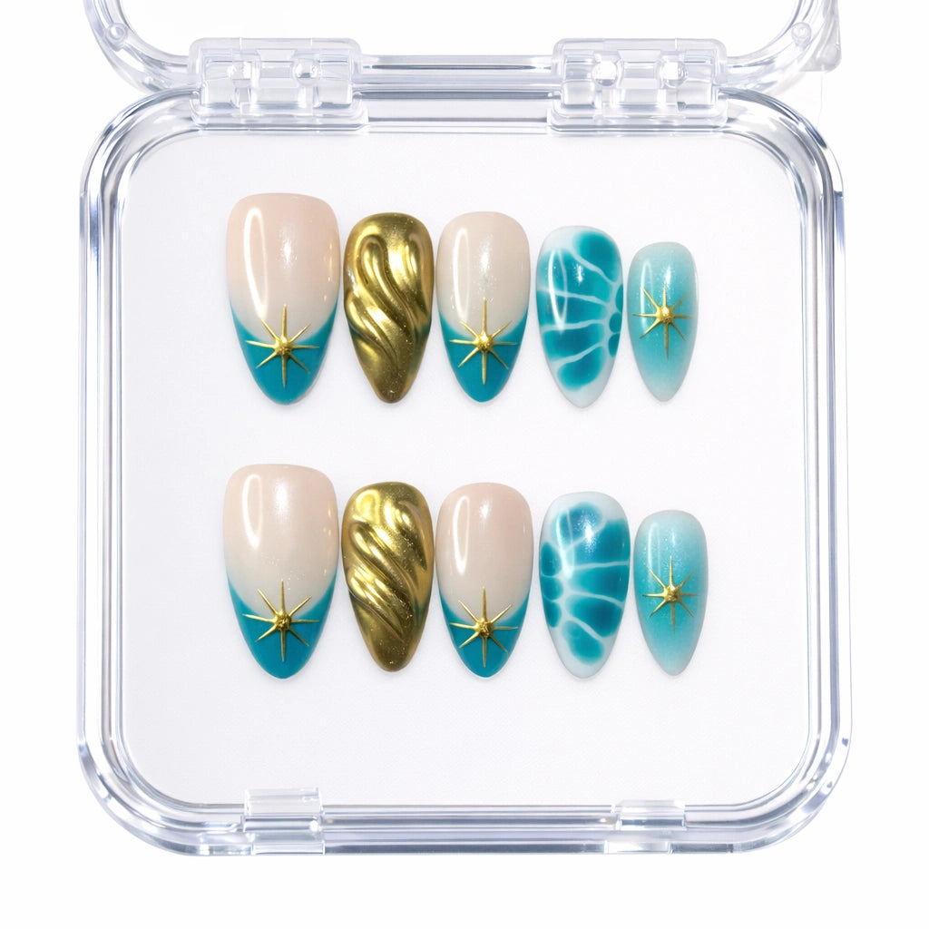 Golden Blue — press-on nails faits main Mimi