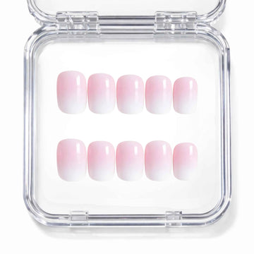 Set de 10 faux ongles press-on baby boomer ombré rose et blanc dans leur boîtier — faits main en gel — Mimi Press-On